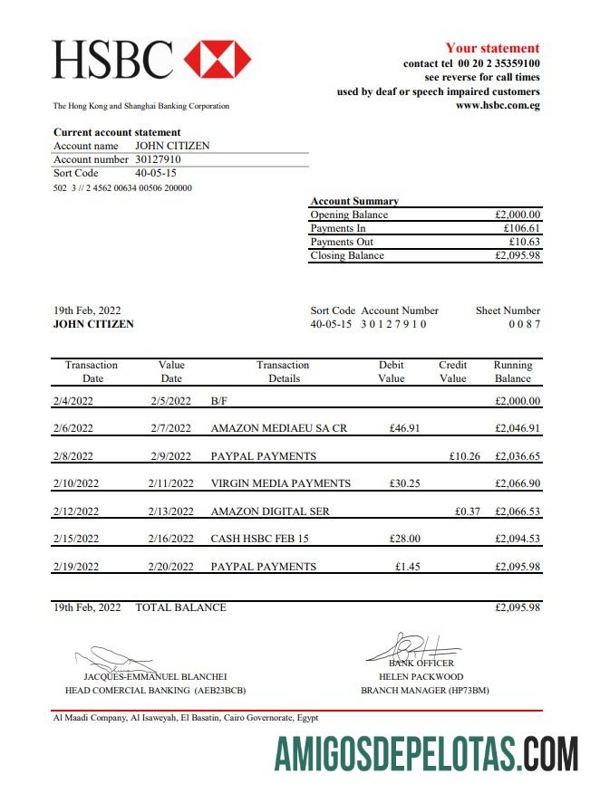 Egypt HSBC extrato bancário amostra